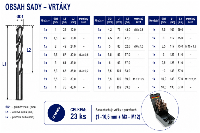 23-dílná sada vysoce výkonných kobaltových vrtáků BAER EXTREME HSS-E  (1-10,5mm + M3 - M12)