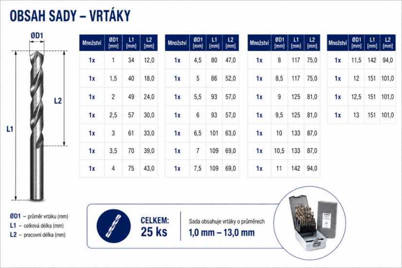 25-dílná sada vysoce výkonných kobaltových vrtáků BAER EXTREME HSS-E (1-13mm)