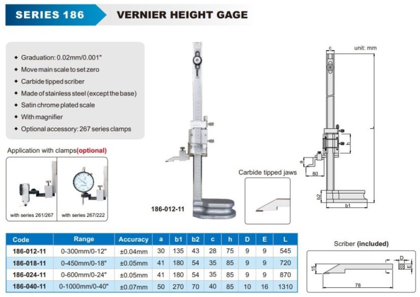 Analogový výškoměr - Rozsah měření: 0-300mm/0-12", Rozlišení: 0,02 mm, Přesnost: +/- 0,04mm
