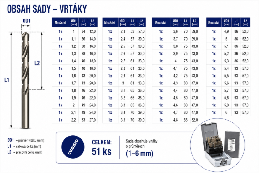51-dílná sada vysoce výkonných kobaltových vrtáků BAER EXTREME HSS-E (1-6mm)
