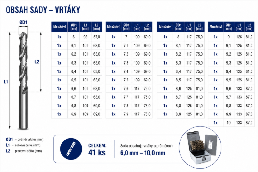 41-dílná sada vysoce výkonných kobaltových vrtáků BAER EXTREME HSS-E (6-10mm)