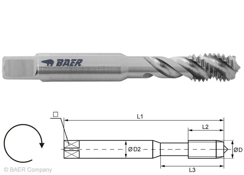 BAER HSSE strojní závitník – 35° RSP – UN – ISO 529 - Průměr: UN 2" x 12"