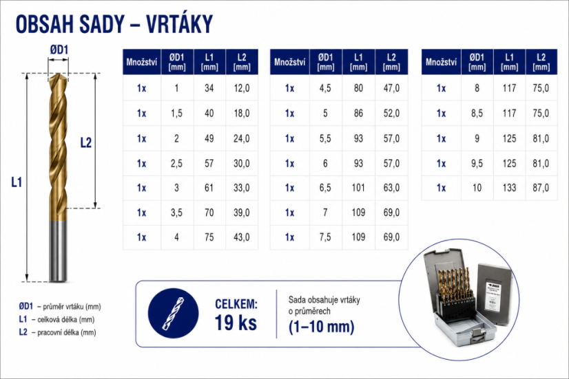 19-dílná sada vysoce výkonných kobaltových vrtáků BAER EXTREME HSS-E (1-10mm)